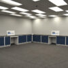 18 foot x 19 foot blue L-shaped laboratory cabinets with two desk cutouts