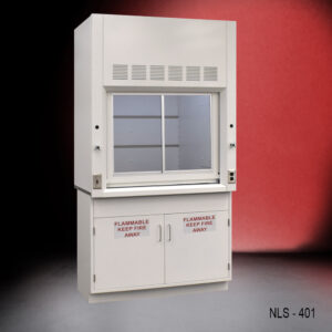 Fisher American 4-ft laboratory fume hood. Below the fume hood are two storage cabinets with red-lettered safety labels reading "FLAMMABLE KEEP FIRE AWAY". The fume hood is designed to safely vent hazardous fumes and protect the user during experiments or chemical handling. The overall color scheme and design suggest it is a clean, modern piece of lab equipment, and the background features a gradient from red to black, emphasizing the fume hood in the composition.