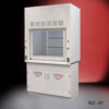 Fisher American 4-foot laboratory fume hood. Below the fume hood are two storage cabinets with red-lettered safety labels reading "FLAMMABLE KEEP FIRE AWAY". The fume hood is designed to safely vent hazardous fumes and protect the user during experiments or chemical handling.
