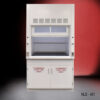 4-foot laboratory fume hood with a clear sash window open halfway. Below the fume hood are two storage cabinets with red-lettered safety labels reading "FLAMMABLE KEEP FIRE AWAY". The fume hood is designed to safely vent hazardous fumes and protect the user during experiments or chemical handling. The overall color scheme and design suggest it is a clean, modern piece of lab equipment, and the background features a gradient from red to black, emphasizing the fume hood in the composition.