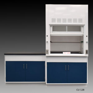 A laboratory fume hood assembly featuring a fume hood with a transparent glass front panel and ventilation slots at the top for safe handling of chemicals. Below the 4-foot fume hood, there are blue general storage cabinets. To the left of the fume hood is a 4-foot laboratory cabinet group. The model number 'CU 128' is visible in the lower right corner.