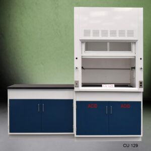 A laboratory fume hood assembly featuring a fume hood with a transparent glass front panel and ventilation slots at the top for safe handling of chemicals. The sash is partially open. Below the 4-foot fume hood, there are blue cabinets labeled 'ACID', indicating specific storage for hazardous materials. The model number 'CU 129' is visible in the lower right corner.