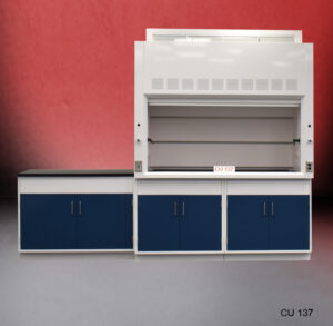 A laboratory fume hood assembly featuring a central fume hood with a transparent glass front panel and ventilation slots at the top for safe handling of chemicals. Below the 6-foot fume hood, there are blue general storage cabinets. Left of the fume hood is a 4-foot laboratory cabinet group. The model number 'CU 137' is visible in the lower right corner.
