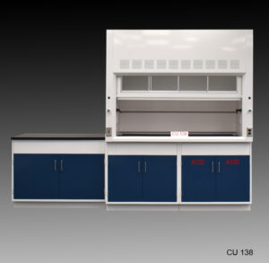 A laboratory fume hood assembly featuring a central fume hood with a transparent glass that is partially open and ventilation slots at the top for safe handling of chemicals. Below the 6-foot fume hood, there are blue cabinets. One is labeled 'ACID', indicating specific storage for hazardous materials. There is a 4-foot laboratory cabinet to the left of the fume hood. The model number 'CU 138' is visible in the lower right corner.