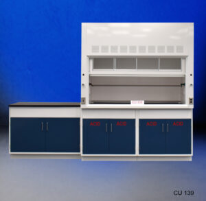 A laboratory fume hood assembly featuring a central fume hood with a transparent glass front panel and ventilation slots at the top for safe handling of chemicals. Below the 6 ft fume hood, there are blue cabinets labeled 'ACID', indicating specific storage for hazardous materials. Next to the fume hood, an extended 4 ft countertop provides additional workspace and is supported by more blue cabinets with white frames. The background displays a gradient from dark blue to gray, creating a professional and clean look for a laboratory setting. The model number 'CU 139' is visible in the lower right corner.