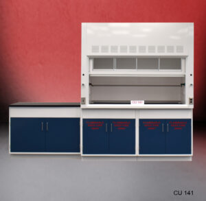 A laboratory fume hood assembly featuring a central fume hood with a transparent glass front panel and ventilation slots at the top for safe handling of chemicals. Below the 6 ft fume hood, there are blue cabinets labeled 'FLAMMABLE KEEP FIRE AWAY' indicating specific storage for hazardous materials. Next to the fume hood, an extended 4 ft countertop provides additional workspace and is supported by more blue cabinets with white frames. The model number 'CU 141' is visible in the lower right corner.