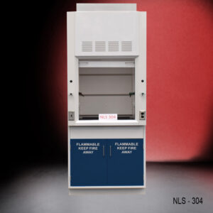 3' laboratory fume hood with a white exterior and a blue base cabinet with "FLAMMABLE KEEP FIRE AWAY" labeled on each of the cabinet doors. The fume hood has a large, transparent sash that can be opened and closed vertically to allow access to the work area inside. The interior of the fume hood is visible, though empty, with a light source installed at the top to illuminate the workspace. There are control knobs and electrical outlets on both sides of the fume hood's front panel. The blue cabinet at the base has two doors with silver handles.
