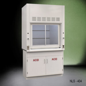 4-ft laboratory exhaust fume hood with a clear sash window. Below the hood are two cabinets marked with red "ACID" warning labels, indicating that they are used for storing corrosive substances. The fume hood has ventilation grilles at the top and appears to be in a laboratory setting. The design of the fume hood is utilitarian, with a focus on safety and functionality, which is essential for handling dangerous chemicals in a controlled environment.