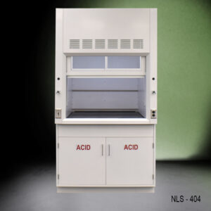 Laboratory exhaust fume hood with the sash partially open. Below the hood are two cabinets marked with red "ACID" warning labels, indicating that they are used for storing corrosive substances. The fume hood has ventilation grilles at the top and appears to be in a laboratory setting. The design of the fume hood is utilitarian, with a focus on safety and functionality, which is essential for handling dangerous chemicals in a controlled environment.