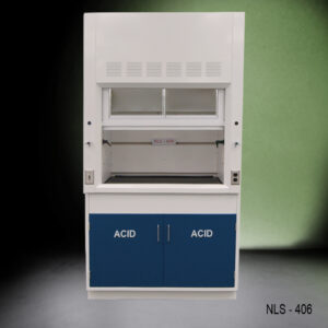 Fisher American model NLS-406: a 4-foot laboratory fume hood with blue cabinets labeled 'ACID' on both doors.