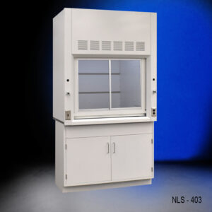 4-foot Fisher American fume hood. It features a clear sash window that can be adjusted for access to the interior, which is spacious for various laboratory tasks. Below the hood, there is a cabinet with two doors for storage of lab supplies. Ventilation grilles above ensure proper airflow.