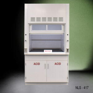 4 foot laboratory fume hood with a white exterior and a matching base cabinet. The fume hood features a large, transparent sash that can be opened and closed vertically, providing access to the interior work area, which is currently empty. The top of the fume hood has ventilation slots, and there is a light inside to illuminate the workspace. The front panel includes control knobs and electrical outlets on both sides. The base cabinet has two doors, each labeled with a red warning sign that reads "ACID," indicating it is designed for storing acid materials.