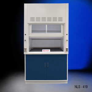 Fisher American model NLS-419: a 4-foot fume hood with blue cabinets for general storage.