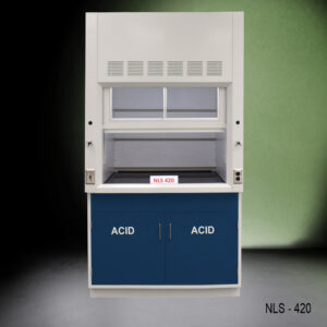 Fisher American model NLS-420: a 4-foot fume hood with blue cabinets for acid storage, marked 'ACID'.
