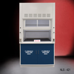 Fisher American model NLS-421: a 4-foot fume hood with blue cabinets for flammable storage, marked 'FLAMMABLE KEEP FIRE AWAY'.