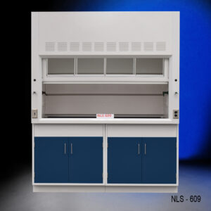 Fisher American laboratory fume hood, model NLS-609, 6 feet wide, featuring a sash window and blue storage cabinets below for general use.