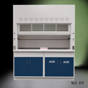 A laboratory fume hood labeled 'NLS 610' with a partially open sash window and blue storage cabinets below. The cabinets on the left are general storage cabinets while the cabinets on the right are marked with safety warnings: 'ACID'.