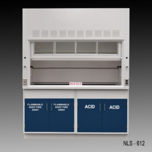 The 6-foot Fisher American laboratory fume hood (model number NLS-612) features a transparent sash for safe viewing and access to the workspace. It includes a built-in light, AC power plug, and various valves for controlling gases and liquids. Below the sash are blue cabinets labeled 'FLAMMABLE KEEP FIRE AWAY' and 'ACID' for secure storage of hazardous and acidic materials. The white exterior has ventilation grilles at the top to ensure proper airflow management.