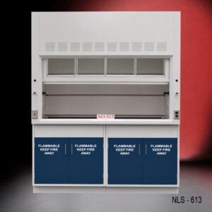 A 6 foot Fisher American laboratory exhaust fume hood with the model number NLS-613, featuring a transparent sash for safe viewing and accessing the interior workspace. Below the sash are blue cabinets labeled 'FLAMMABLE KEEP FIRE AWAY' for storing flammable materials. The fume hood has a white exterior with ventilation grilles at the top for efficient airflow management, ensuring a safe working environment.