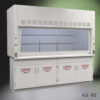 Fisher American Laboratory Fume hood. It features a wide, clear sash window that can be moved up and down to access the work area. Below the hood, there are cabinets with safety labels reading "FLAMMABLE KEEP FIRE AWAY," indicating that the cabinets are used for storing flammable materials. The fume hood has ventilation grilles at the top, suggesting that it is designed to protect lab personnel from exposure to hazardous fumes.