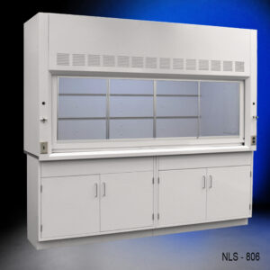 8-foot Fisher American laboratory fume hood. This fume hood features a large frontal glass sash that is raised to show the spacious interior, with shelves for placing chemicals or equipment. The hood is fitted with ventilation grilles at the top, indicating it is designed to exhaust hazardous fumes away from the user.