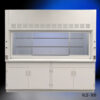 8-foot Fisher American laboratory fume hood. This fume hood features a large frontal glass sash that is raised to show the spacious interior, with shelves for placing chemicals or equipment. The hood is fitted with ventilation grilles at the top, indicating it is designed to exhaust hazardous fumes away from the user. Below the fume hood, there are two sets of double-door cabinets for storage. This type of equipment is commonly used in scientific research to provide a safe environment when working with volatile substances.