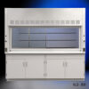 White laboratory fume hood. This hood features a large frontal glass sash that is raised to show the spacious interior, with shelves for placing chemicals or equipment. The hood is fitted with ventilation grilles at the top, indicating it is designed to exhaust hazardous fumes away from the user. Below the fume hood, there are two sets of double-door cabinets for storage. This type of equipment is commonly used in scientific research to provide a safe environment when working with volatile substances.