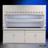 White laboratory fume hood, labeled with "NLS - 806" at the bottom right corner. This hood features a large frontal glass sash that is raised to show the spacious interior, with shelves for placing chemicals or equipment. The hood is fitted with ventilation grilles at the top, indicating it is designed to exhaust hazardous fumes away from the user. Below the fume hood, there are two sets of double-door cabinets for storage. This type of equipment is commonly used in scientific research to provide a safe environment when working with volatile substances.