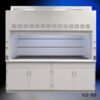 White laboratory fume hood, labeled with "NLS - 806" at the bottom right corner. This hood features a large frontal glass sash that is raised to show the spacious interior, with shelves for placing chemicals or equipment. The hood is fitted with ventilation grilles at the top, indicating it is designed to exhaust hazardous fumes away from the user. Below the fume hood, there are two sets of double-door cabinets for storage. The background transitions from dark blue at the top to black at the bottom, focusing the viewer's attention on the fume hood. This type of equipment is commonly used in scientific research to provide a safe environment when working with volatile substances.