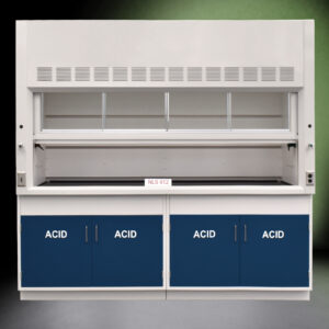 8-foot laboratory exhaust fume hood (model number NLS-812) with the sash half open. It also includes blue cabinets labeled 'ACID' for the safe storage of acidic materials. The fume hood has a white exterior and ventilation grilles at the top to maintain proper airflow.