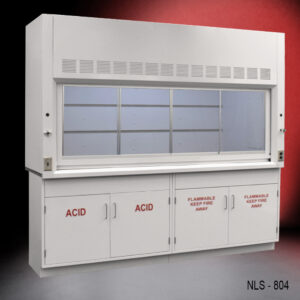 White Fisher American laboratory fume hood. Below the hood, there is cabinetry for storage, with safety labels clearly marked "ACID" on two cabinet doors to the left, and "FLAMMABLE KEEP FIRE AWAY" on two to the right, indicating the storage of hazardous materials. This equipment is typically used in a laboratory to protect users from inhaling harmful vapors by safely ventilating the work area.