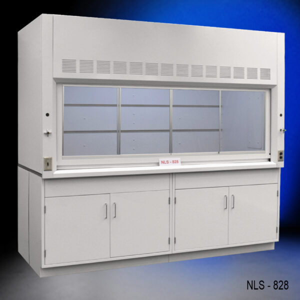 8 foot Fisher American laboratory fume hood with a clean, modern, white exterior. The fume hood has a spacious working area that is enclosed by a large sash window, which can be raised or lowered. Above the working area, ventilation grilles are visible, suggesting the fume hood is designed to safely ventilate hazardous fumes. Below the working area, there are general storage cabinets.