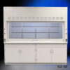 8 foot Fisher American laboratory fume hood with a clean, modern, white exterior. The fume hood has a spacious working area that is enclosed by a large sash window, which can be raised or lowered. Above the working area, ventilation grilles are visible, suggesting the fume hood is designed to safely ventilate hazardous fumes. Below the working area, there are general storage cabinets. The model number "NLS - 828" is prominently displayed on the front of the fume hood.