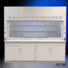 8 foot Fisher laboratory fume hood with a clean, modern, white exterior. The fume hood has a spacious working area that is enclosed by a large sash window, which can be raised or lowered. Above the working area, ventilation grilles are visible, suggesting the fume hood is designed to safely ventilate hazardous fumes. Below the working area, there are general storage cabinets. The model number "NLS - 828" is prominently displayed on the front of the fume hood.