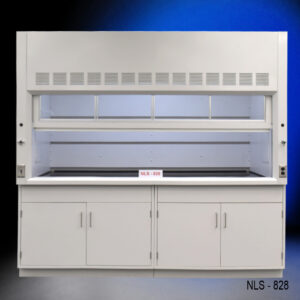 8 ft laboratory fume hood with a clean, modern, white exterior. The fume hood has a spacious working area that is enclosed by a large sash window, which can be raised or lowered. Above the working area, ventilation grilles are visible, suggesting the fume hood is designed to safely ventilate hazardous fumes. Below the working area, there are general storage cabinets. The model number "NLS - 828" is prominently displayed on the front of the fume hood
