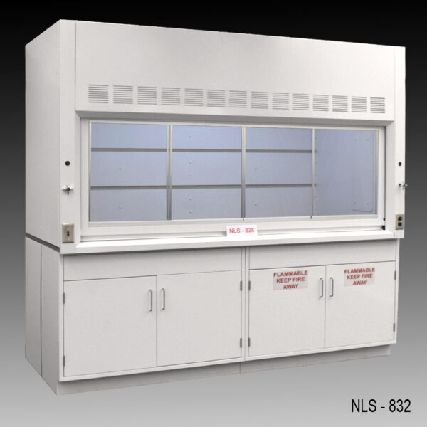 8 foot by 4 foot Fisher American laboratory fume hood with a clean, modern design. The fume hood is predominantly white and features a spacious, ventilated working area enclosed by a large sash window that can be opened or closed.