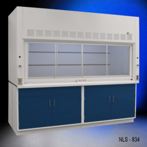 8' Fisher American laboratory fume hood with a wide sash opening to reveal the spacious interior. The hood is positioned on top of two dark blue cabinets, set against a deep blue and black gradient backdrop, giving it a strong, professional presence in a scientific setting.