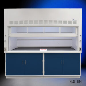 A white laboratory fume hood, model NLS-834, with a wide sash opening to reveal the spacious interior. The hood is positioned on top of two dark blue cabinets, set against a deep blue and black gradient backdrop, giving it a strong, professional presence in a scientific setting.
