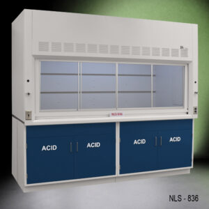 8 ft Fisher American laboratory fume hood. The hood is placed over a navy blue storage base with four cabinets, each marked with 'ACID' in bold, indicating special storage conditions.