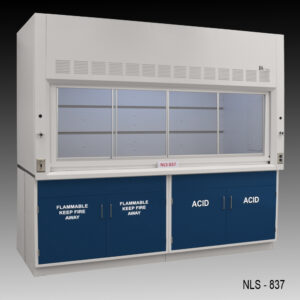 8 foot Fisher American laboratory fume hood, model NLS-837, with the sash open revealing the inner work area. The base is comprised of two dark blue safety cabinets, one labeled 'FLAMMABLE KEEP FIRE AWAY' and the other 'ACID,' indicating storage for different hazardous materials.