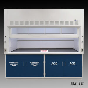 Front view of a white laboratory fume hood, model NLS-837, with the sash open revealing the inner work area. The base is comprised of two dark blue safety cabinets, one labeled 'FLAMMABLE KEEP FIRE AWAY' and the other 'ACID,' indicating storage for different hazardous materials.