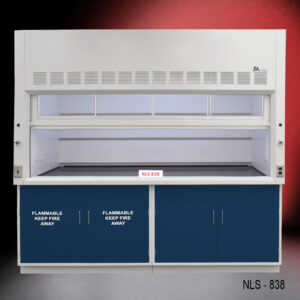 Modern laboratory fume hood, model NLS-838, with a fully open sash window and a white exterior structure. Below the work area are two large navy blue safety cabinets with 'FLAMMABLE KEEP FIRE AWAY' warnings. It’s positioned against a background with a red gradient, emphasizing a professional laboratory setting.