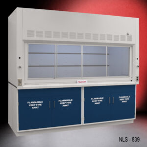 8' laboratory fume hood. The hood is mounted on a navy blue cabinet with doors labeled 'FLAMMABLE KEEP FIRE AWAY'. The equipment is set against a gradient red background, indicating a focus on safety and functionality in lab environments.