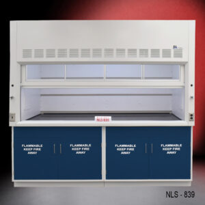 A laboratory fume hood, model NLS-839, with a partially open sash window and a white exterior. The hood is mounted on a navy blue cabinet with doors labeled 'FLAMMABLE KEEP FIRE AWAY'. The equipment is set against a gradient red background, indicating a focus on safety and functionality in lab environments.