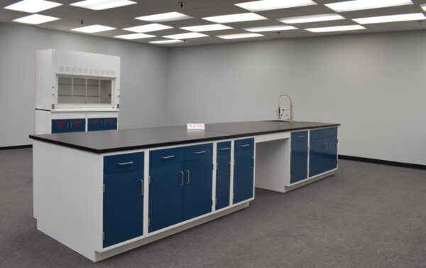 16' x 4' blue laboratory cabinets with black countertop and sink.