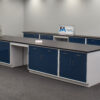 16' x 4' blue laboratory cabinets with black countertop, desk cutout and sink.