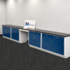 17' blue laboratory cabinets with drawers closed and a desk cutout