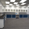 Side view 18 foot x 20 foot blue laboratory cabinets with 14 foot x 19 foot all units.