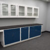 19 feet of blue laboratory cabinets with 19 feet of white wall units