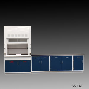 4-foot laboratory fume hood combination consisting of a fume hood with a clear glass front panel and ventilation slots at the top and cabinets. The fume hood is equipped with safety features and is labeled with 'ACID' on the storage cabinets below, indicating storage for hazardous materials. To the right of the fume hood, there is an extended countertop with additional storage cabinets and drawers, all in blue with white frames, providing ample workspace and storage options. The background features a gradient from black to gray, giving the image a clean and modern look. The model number 'CU 132' is displayed in the lower right corner.